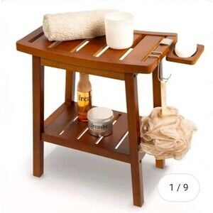 Bamboo Shower Bench with Storage,Hook & Soap Tray, Waterproof , Walnut Open Box